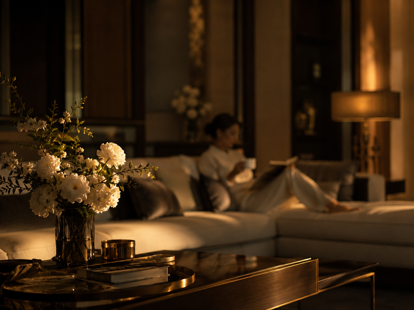 A homeowner relaxing with coffee and a book on a sofa in a warmly lit, elegant living room