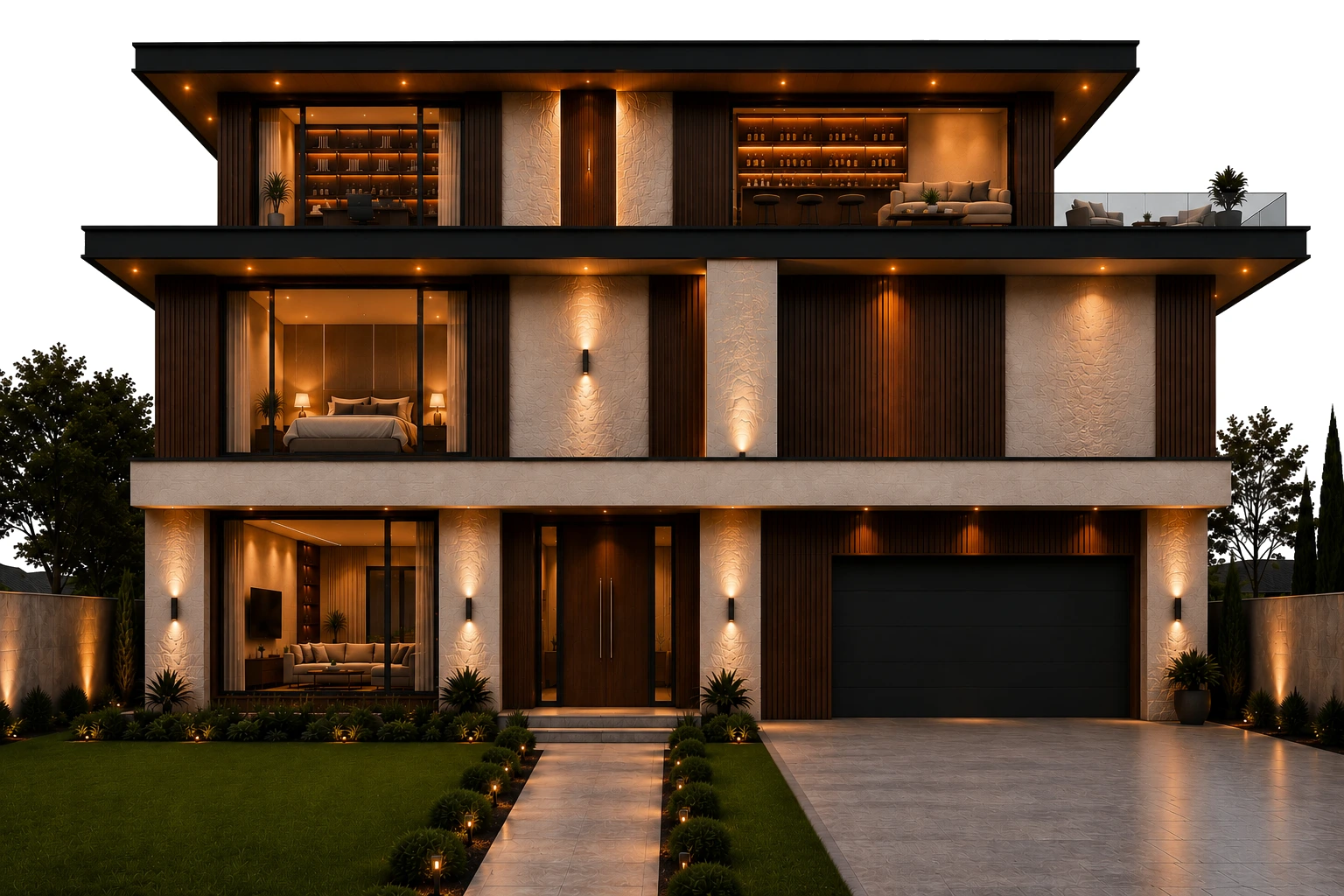 The luxury residence exterior, fully assembled on white